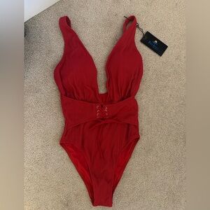 Red Ribbed One-Piece Swimsuit with Waist Tie